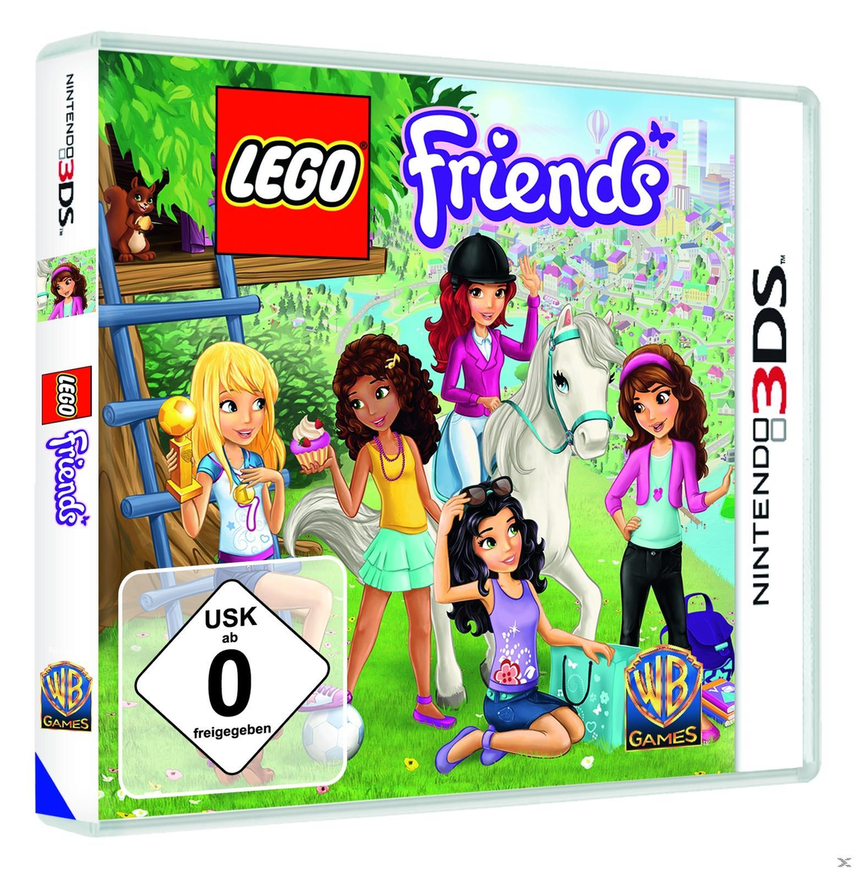 Lego Friends 3DS-Spielhülle. Mädchen mit weißem Pferd, Eichhörnchen, Trophäe und Cupcake. Der Hintergrund ist eine Stadt.