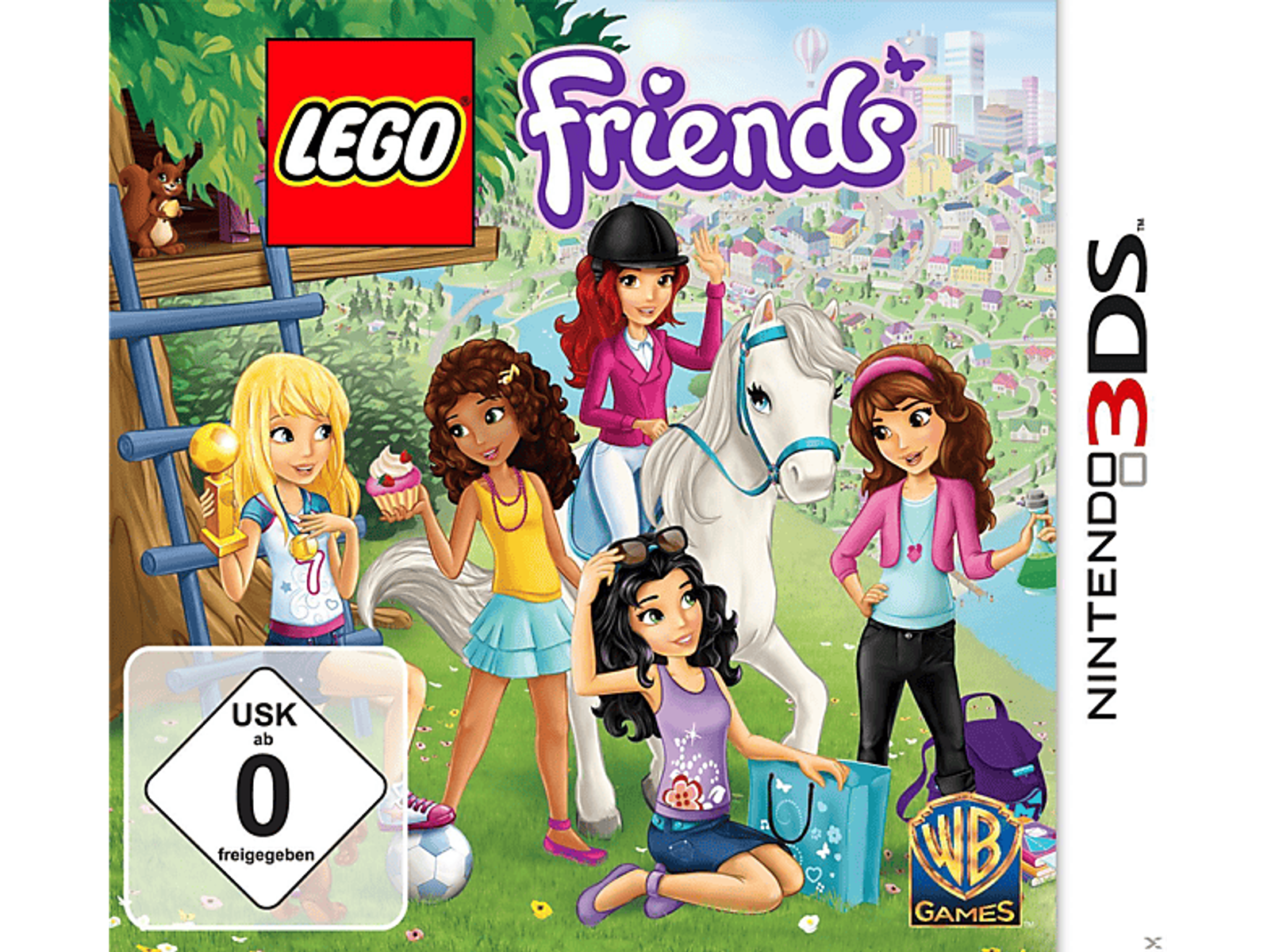 Lego Friends 3DS-Spielcover. Fünf Mädchen und ein weißes Pferd vor einer Stadt. USK-Bewertung 0.