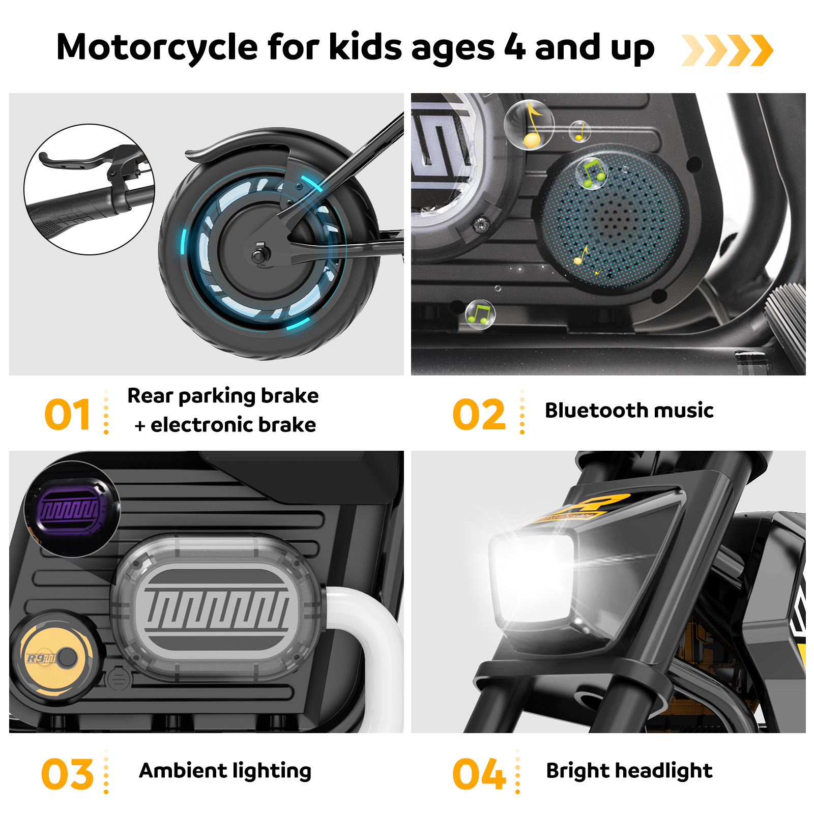 Een kindermotor met achterrem, Bluetooth, sfeerverlichting en heldere koplamp.