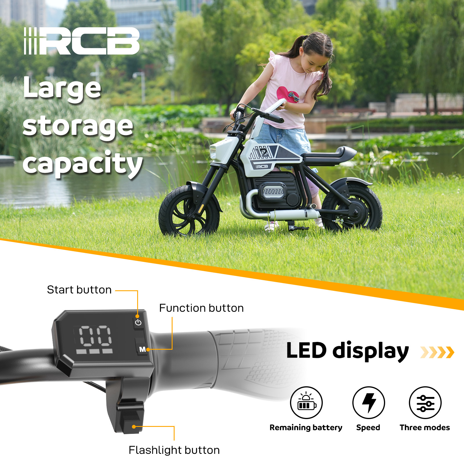 Een meisje staat naast een kleine wit-zwarte motorfiets op het gras. Een LED-display toont batterij, snelheid en modi.