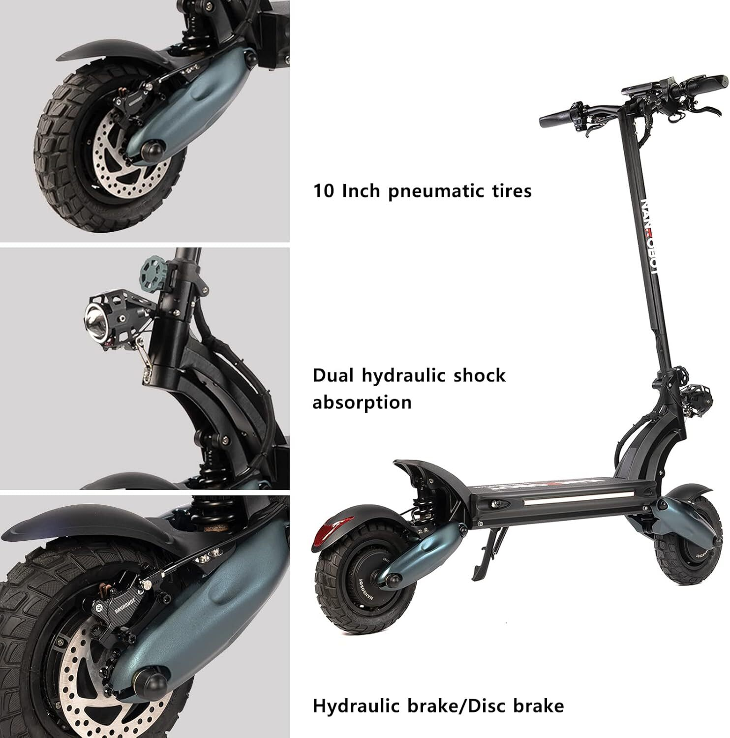Hulajnoga elektryczna z czarną ramą, szarymi błotnikami i dużymi oponami pneumatycznymi. Etykiety tekstowe podkreślają takie cechy, jak hamulce i amortyzacja.