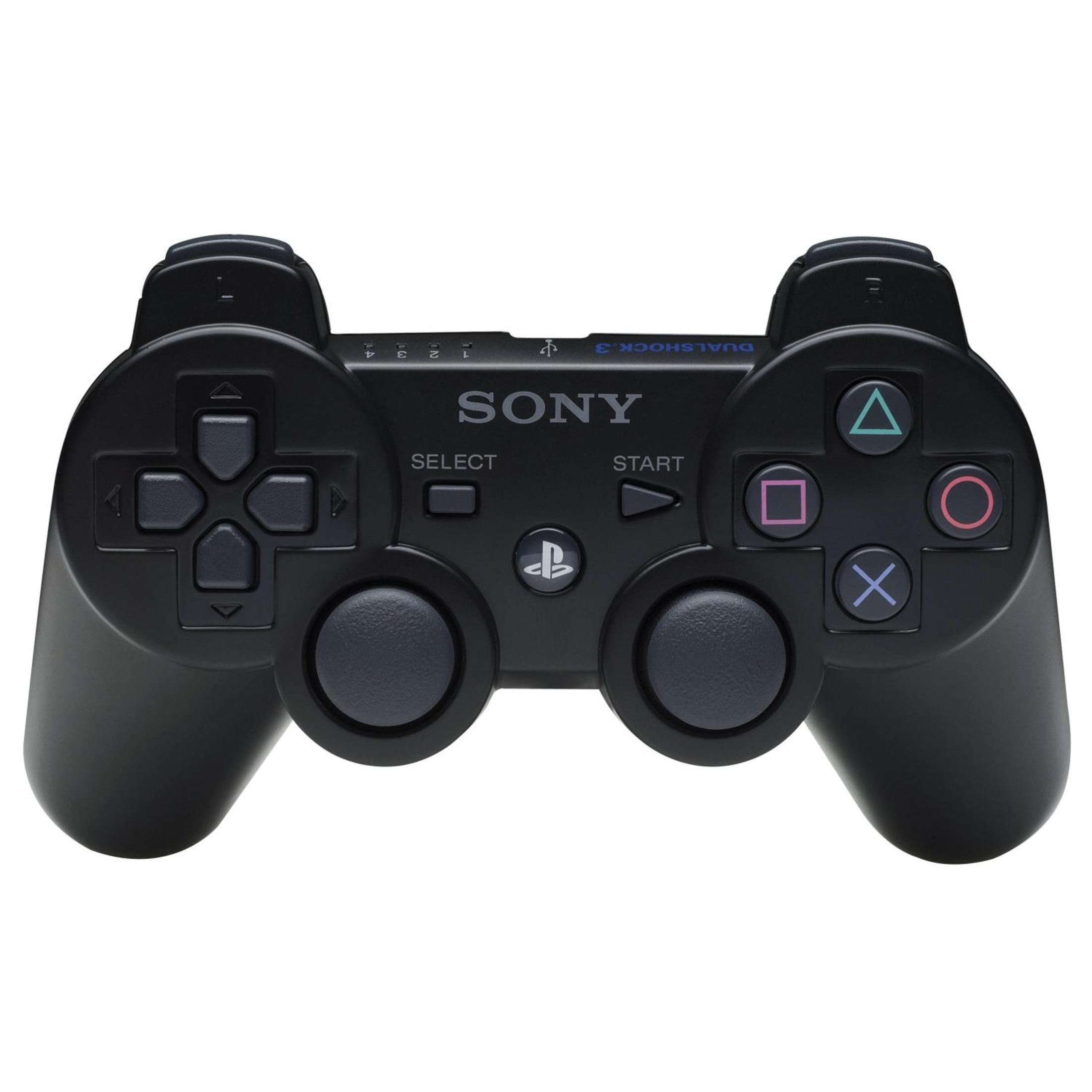 Ein schwarzer PlayStation 3-Controller mit Knöpfen, Joysticks und dem Sony-Logo. Er ist auf weißem Hintergrund isoliert.