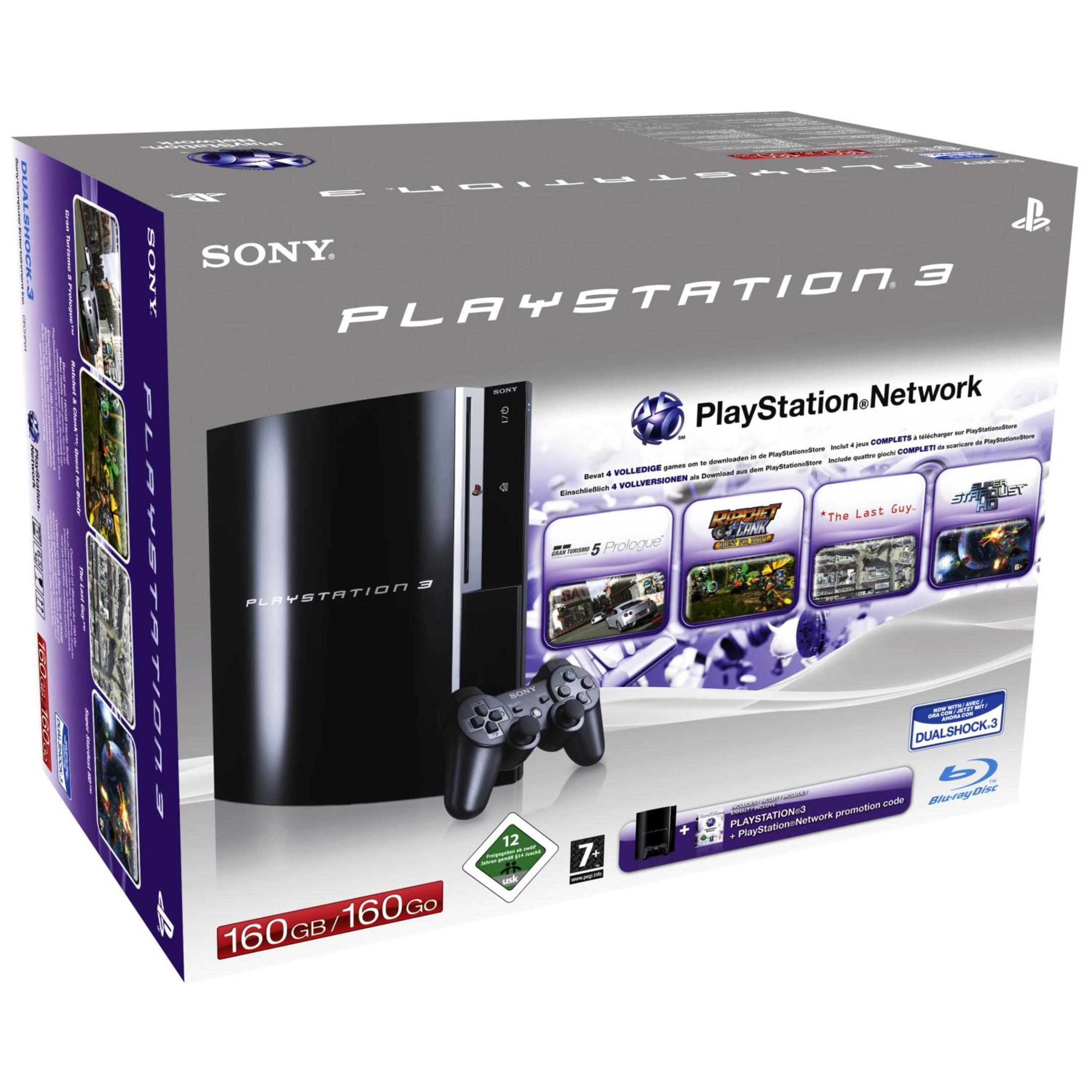 PlayStation 3 Box. Schwarze Konsole und Controller sichtbar. Box mit Sony- und PlayStation-Logos und Spieltiteln.