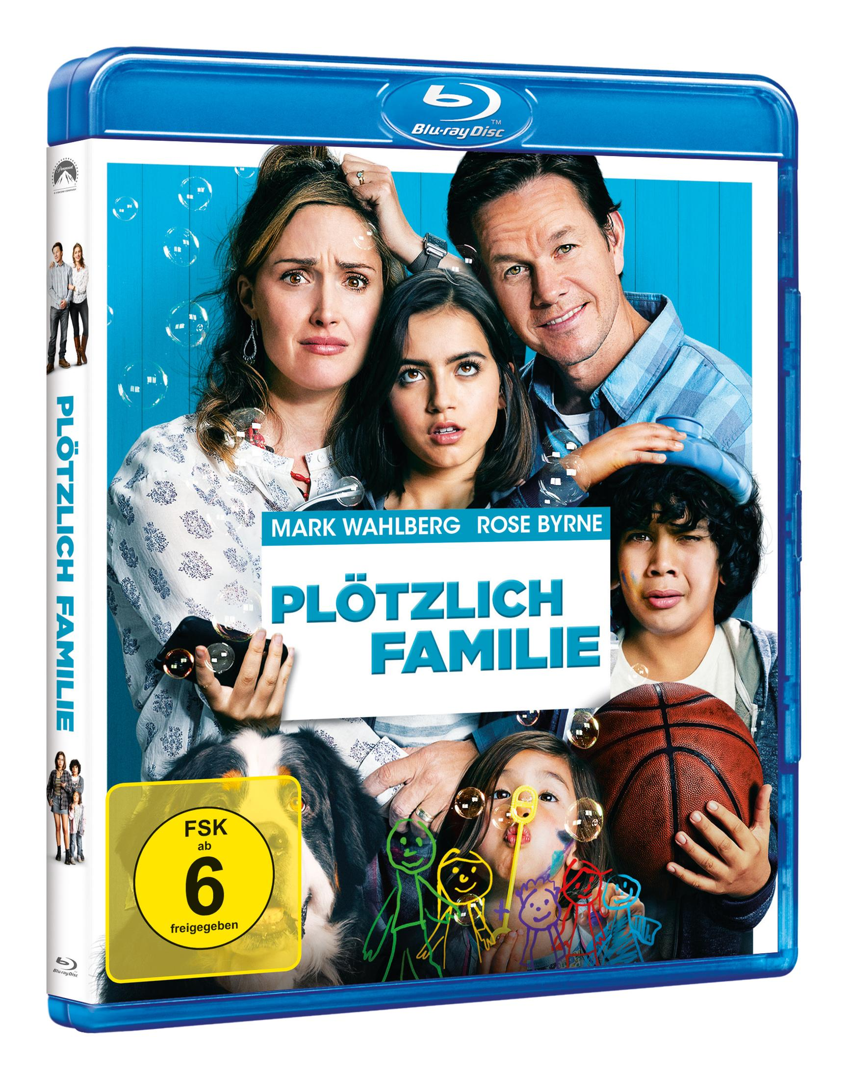 Blu-ray-Cover des Films 'Plötzlich Familie' mit Mark Wahlberg und Rose Byrne. Eine Familie ist von Blasen umgeben.
