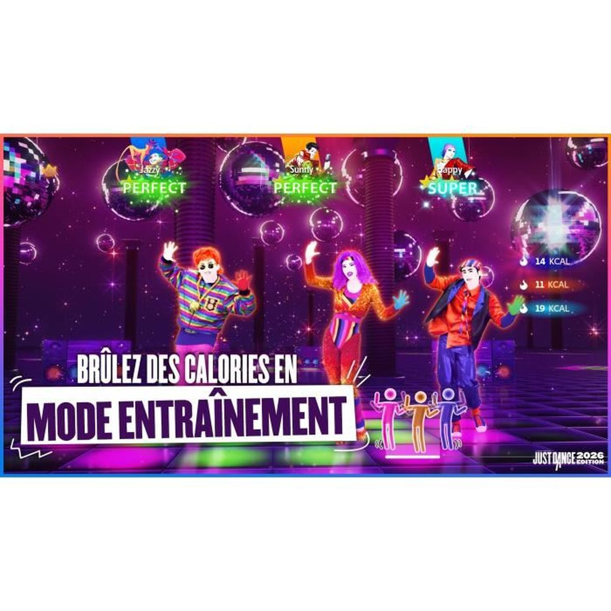 Drei Tänzer auf einer Bühne mit lila Hintergrund. Text: 'Kalorien im Trainingsmodus verbrennen'. Just Dance 2026.