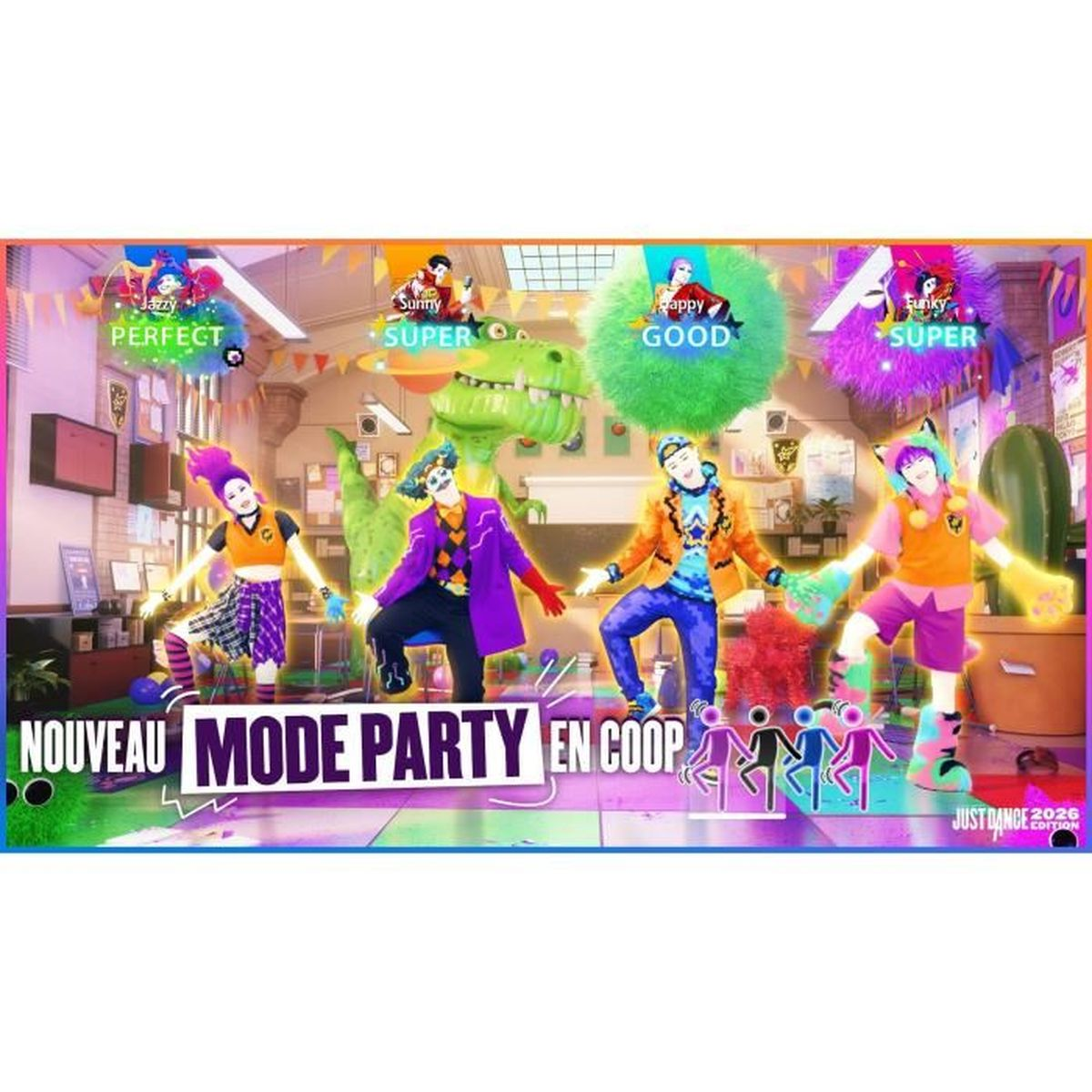 Das Bild zeigt eine 'Just Dance'-Spielwerbung mit Tänzern, Dinosauriern und dem Text 'Nouveau Mode Party en Coop'.