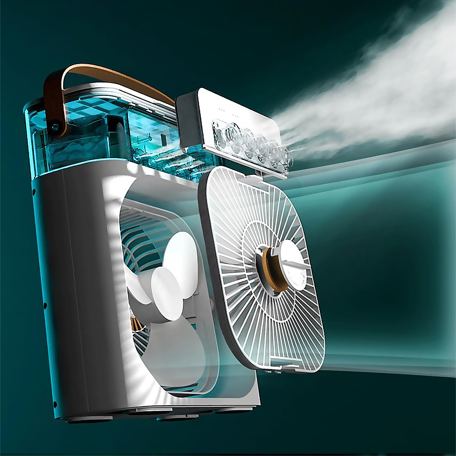 Un ventilatore bianco e grigio con manico marrone. È parzialmente smontato, mostrando i componenti interni. Esce nebbia bianca.