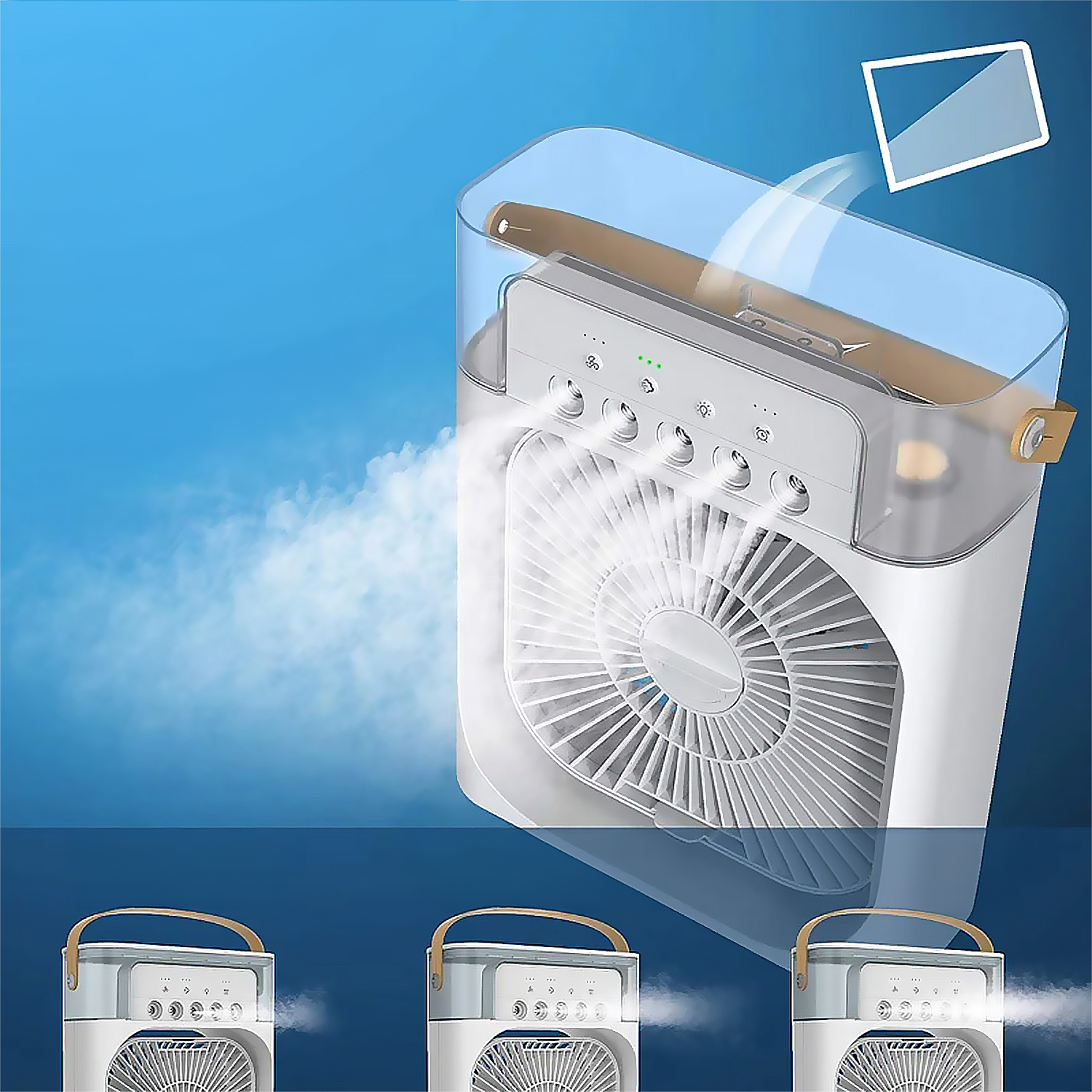 Un refrigeratore d'aria portatile bianco e grigio con vapore acqueo. Ha una parte superiore trasparente, una ventola e pulsanti di controllo. Sfondo blu.