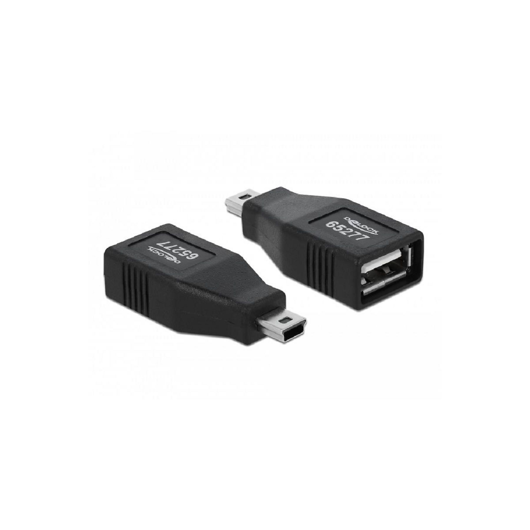 Due adattatori USB neri su una superficie bianca. Uno ha una porta USB, l'altro mini-USB. Entrambi hanno il numero 65277.