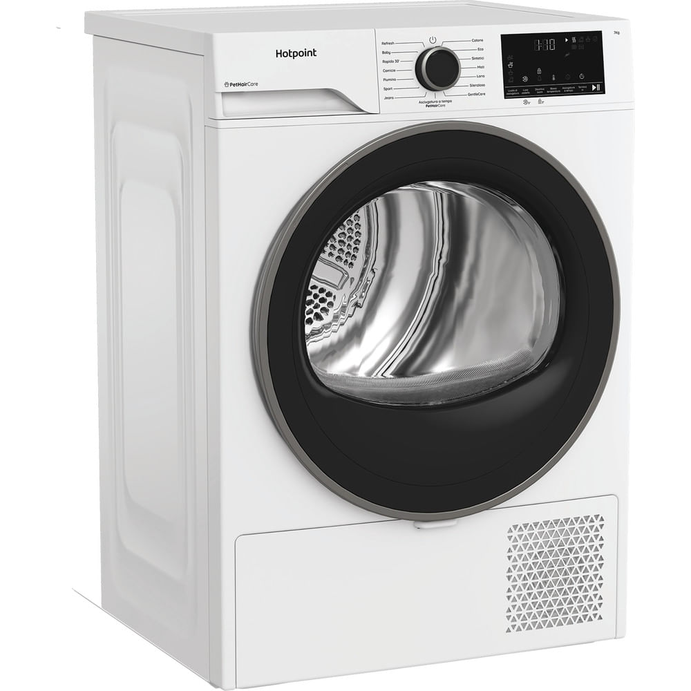 Un'asciugatrice Hotpoint bianca. Ha una porta nera, un pannello di controllo e un piccolo display. Il design è moderno e funzionale.