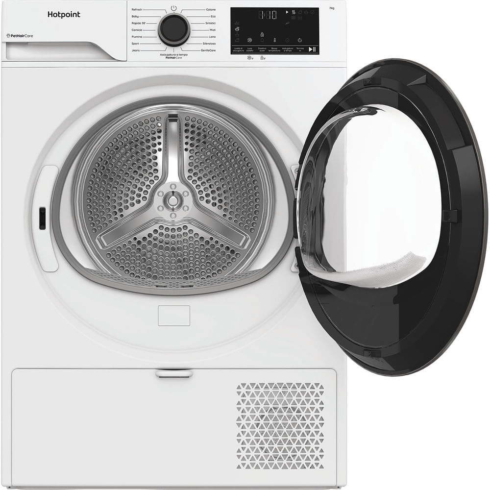 Un'asciugatrice Hotpoint bianca con la porta aperta. Il cestello è visibile e il pannello di controllo è in alto.