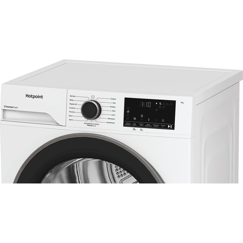 Un'asciugatrice Hotpoint bianca con pannello di controllo e quadrante rotondo. Il display indica '8:00'. La porta è nera.
