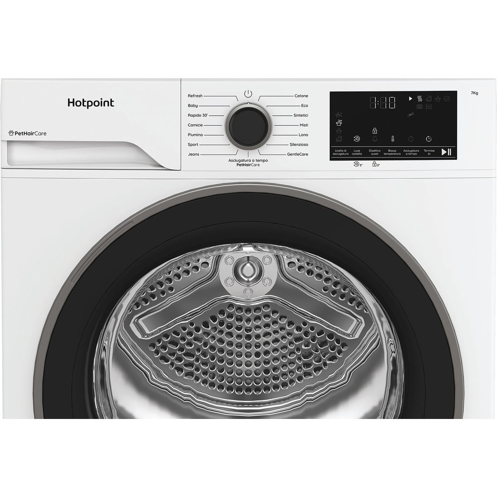 Un'asciugatrice Hotpoint bianca con porta nera. Ha un pannello di controllo con impostazioni e un display digitale che mostra '8:88'.