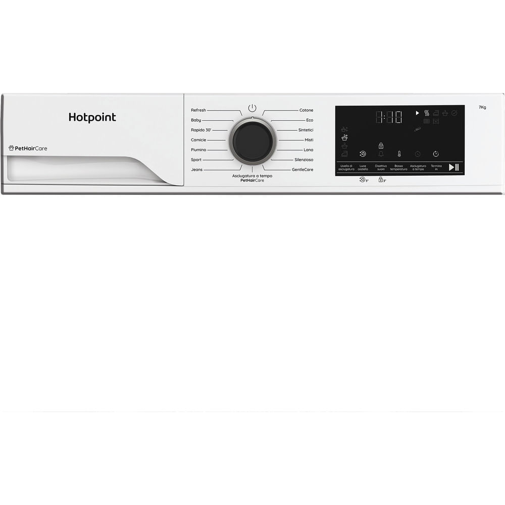 Pannello di controllo dell'asciugatrice Hotpoint bianca. Ha una manopola per le impostazioni, un display digitale e icone.