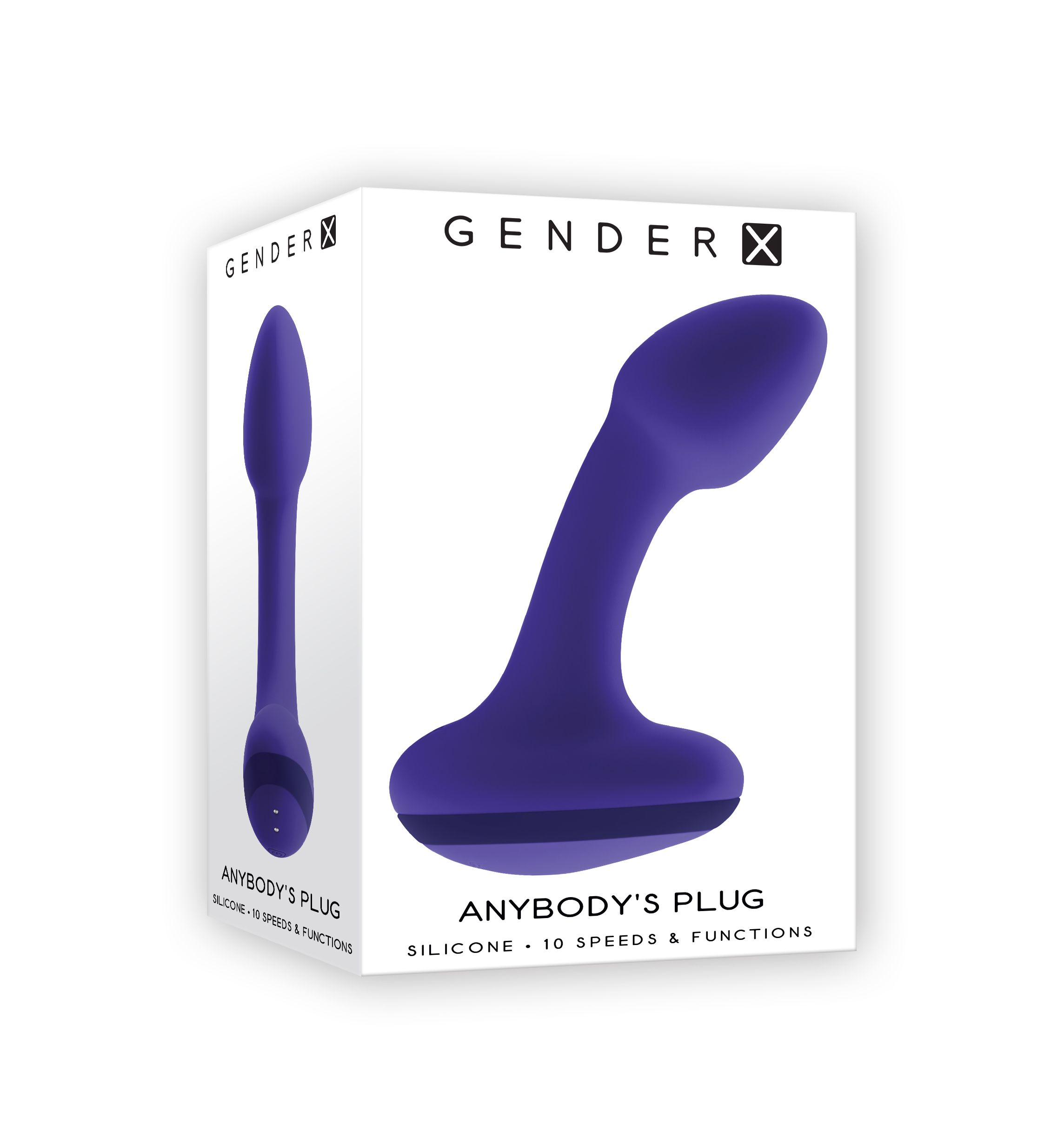 Eine weiße Schachtel mit einem violetten Sexspielzeug darauf. Der Text 'GENDER X' und 'ANYBODY'S PLUG' sind sichtbar.