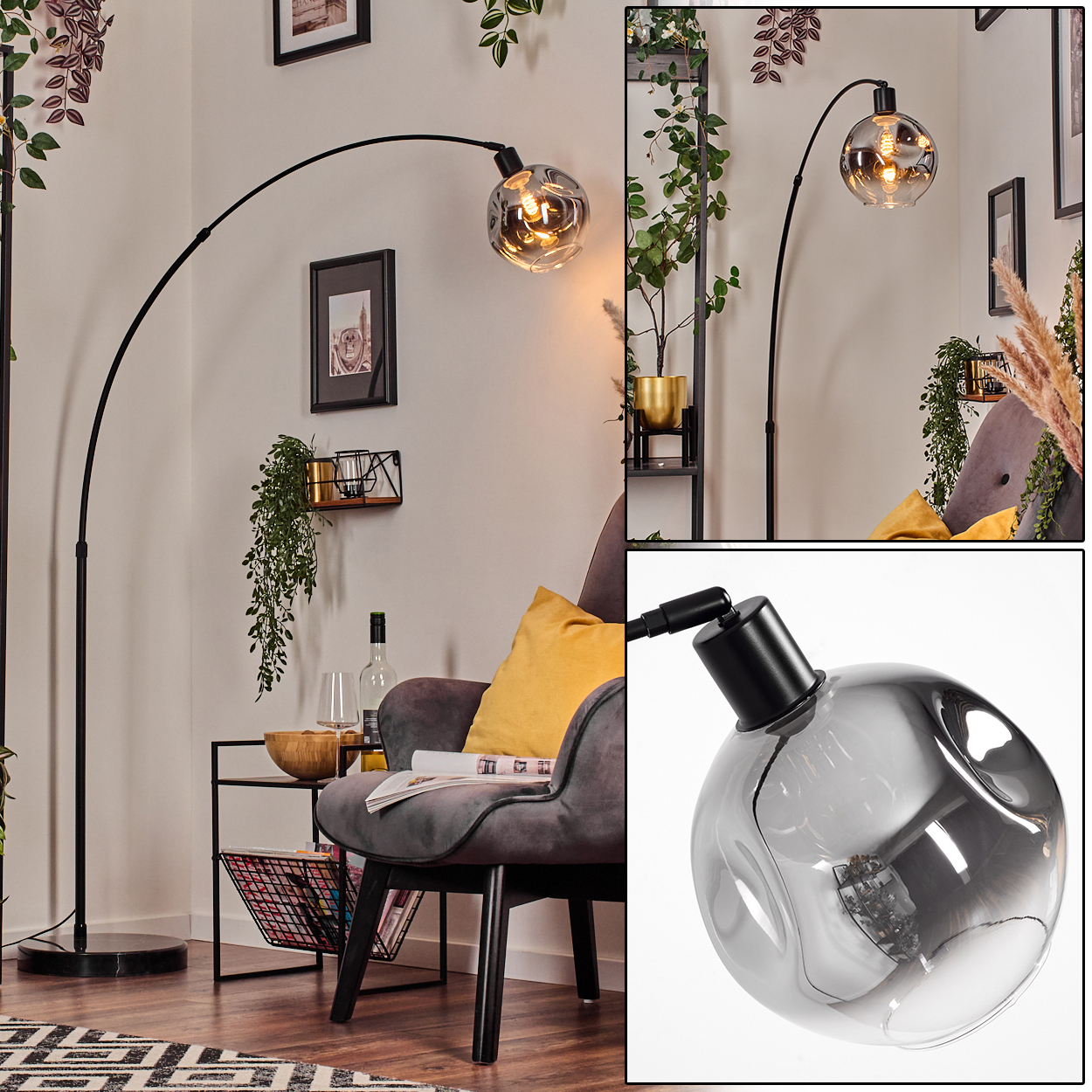 Eine Bogenlampe mit rundem, getöntem Glasschirm beleuchtet einen grauen Stuhl mit gelbem Kissen. Pflanzen und Kunstwerke schmücken die Wände.