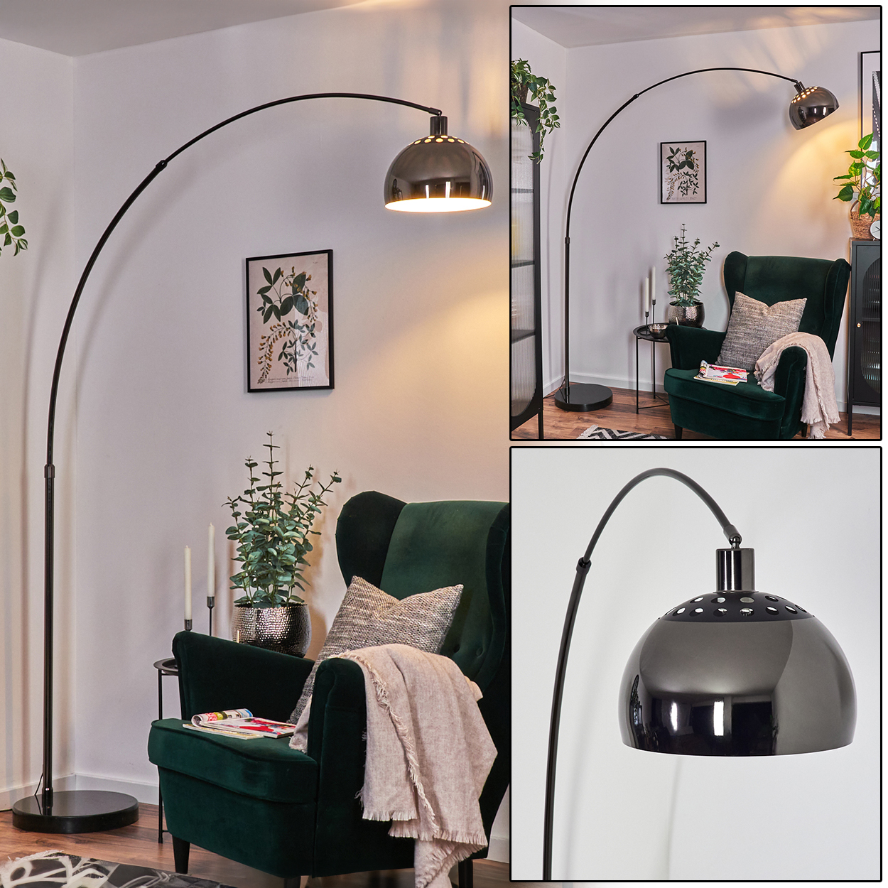 Ein modernes Wohnzimmer mit einer schwarzen Bogenlampe, einem grünen Sessel und einem botanischen Druck. Eine weiche Decke und Kissen sind auf dem Stuhl.