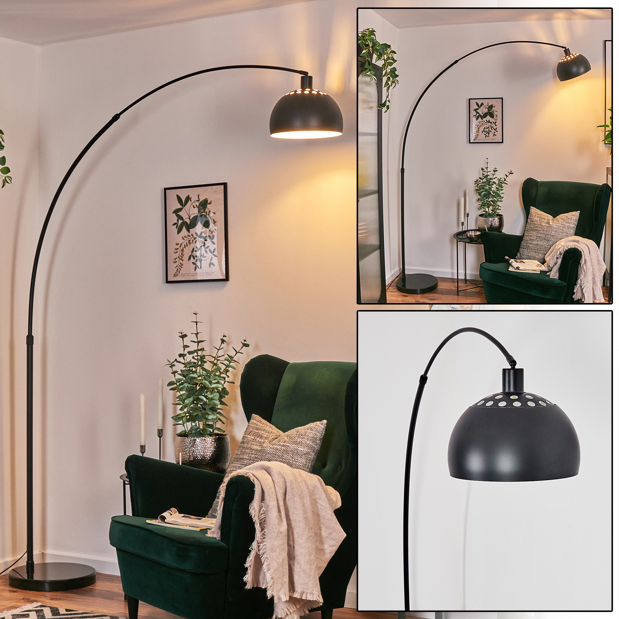 Ein modernes Wohnzimmer mit einer schwarzen Bogenlampe. Ein grüner Sessel mit Decke und Kissen. Pflanzen und ein Bild an der Wand.