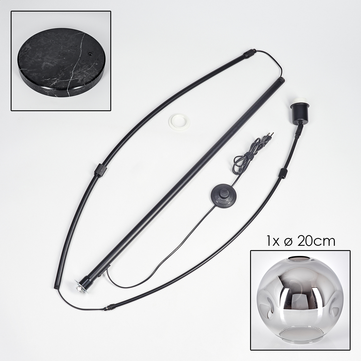 Zerlegte Lampenteile auf weißem Untergrund: Sockel, Gestell, Drähte, Schalter, Fassung und ein Glasschirm (20cm).