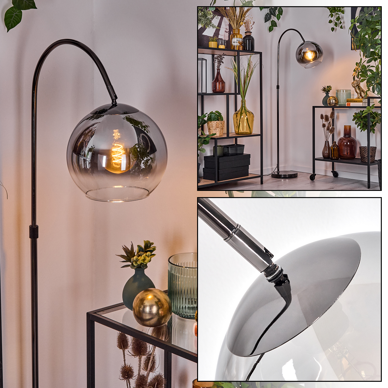 Moderne Stehlampe mit großem, rundem Glasschirm. Hintergrund: Regale mit Vasen und Pflanzen, Tisch mit Dekoration.