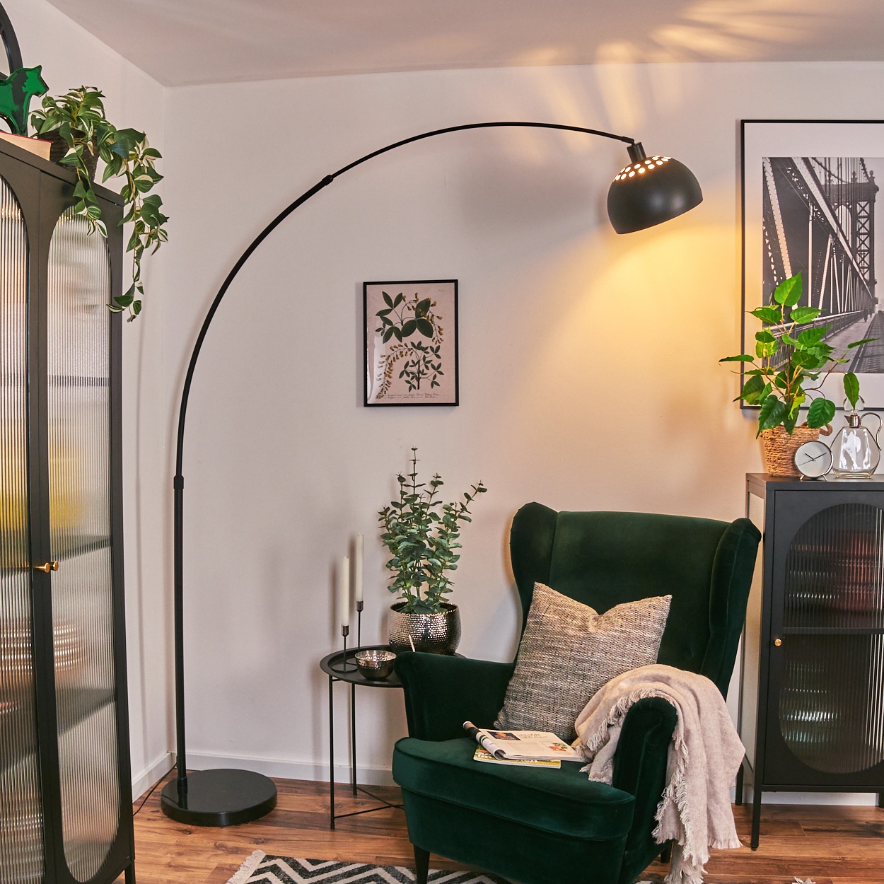 Ein dunkelgrüner Sessel mit Decke und Kissen, eine schwarze Stehlampe und ein schwarzer Schrank mit Pflanzen und einem Bild.