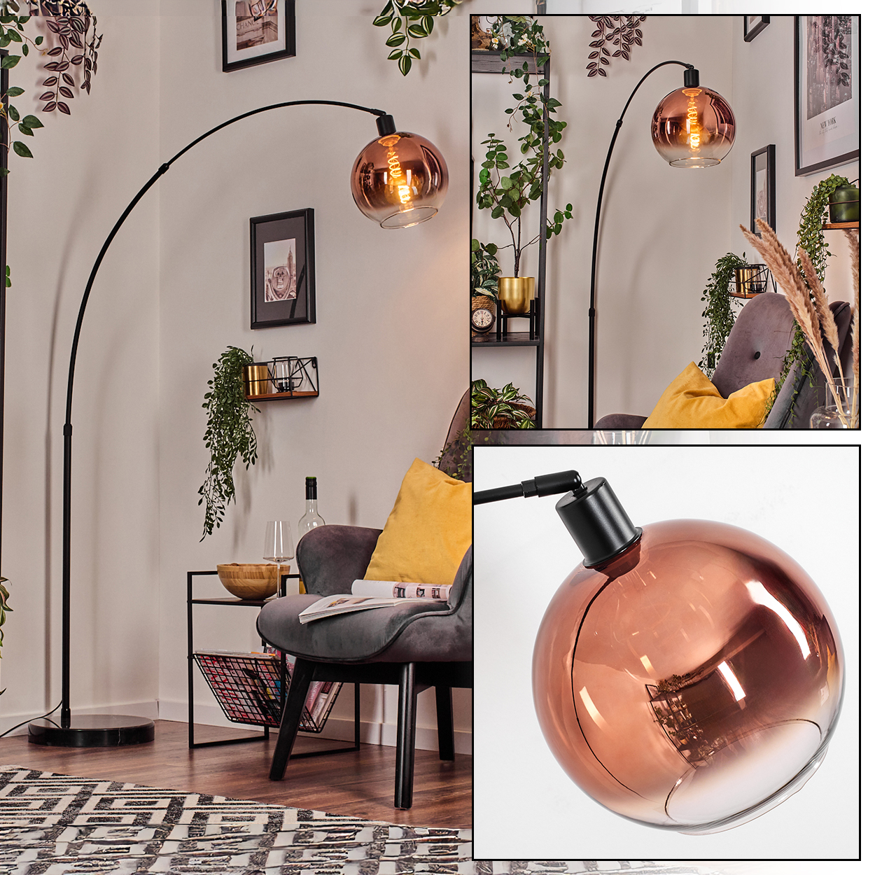 Ein modernes Wohnzimmer mit einer schwarzen Bogenlampe, einem grauen Stuhl mit gelbem Kissen und Zierpflanzen.