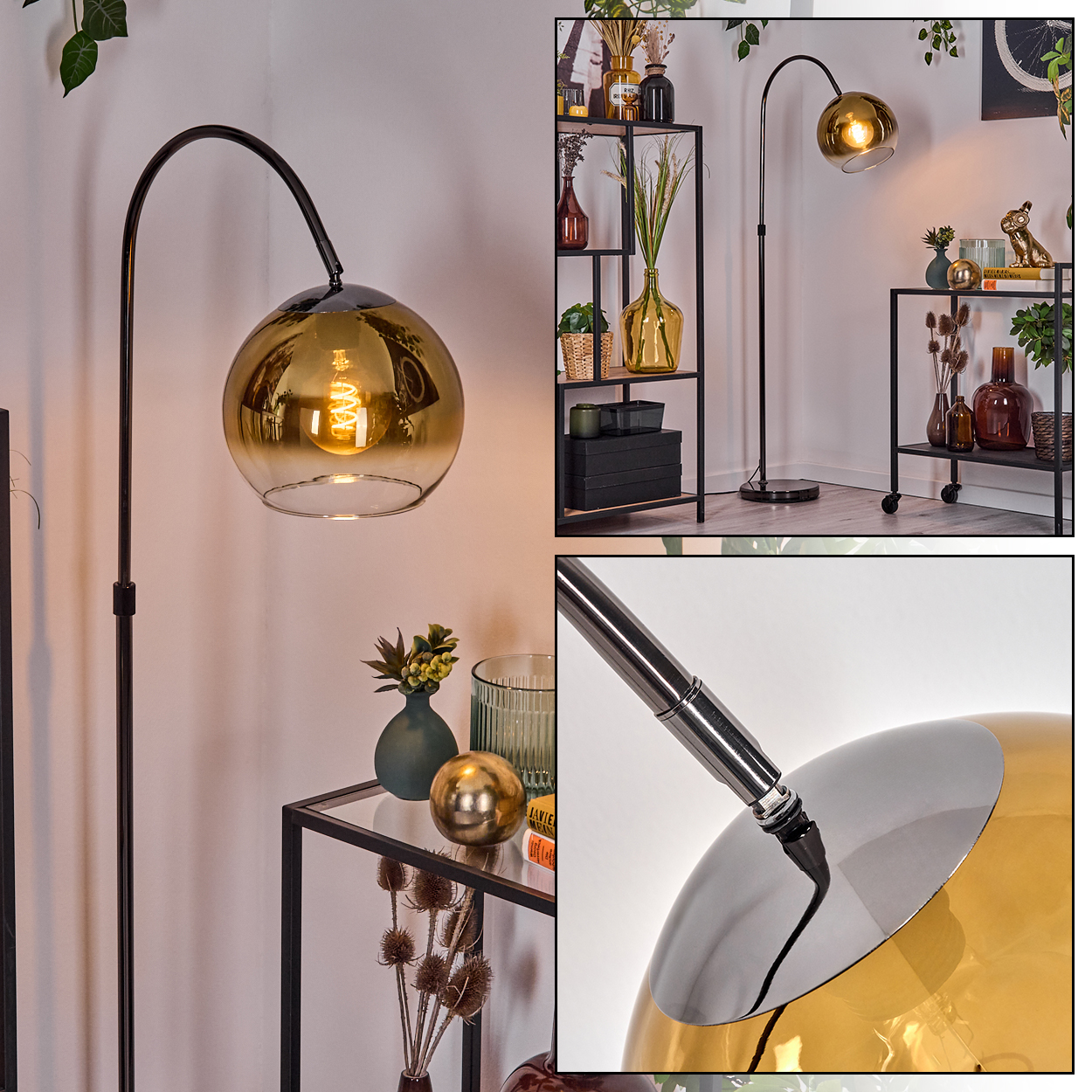 Eine moderne Stehlampe mit goldenem Glasschirm. Die Szene umfasst einen Beistelltisch mit Deko und ein Bücherregal im Hintergrund.