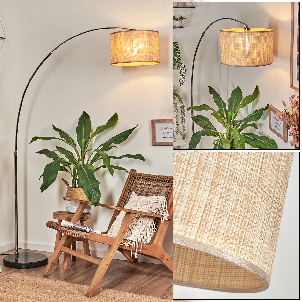 Ein Zimmer mit einer Stehlampe, einem Stuhl und Pflanzen. Die Lampe hat einen gewebten Schirm. Der Stuhl hat einen gewebten Sitz.