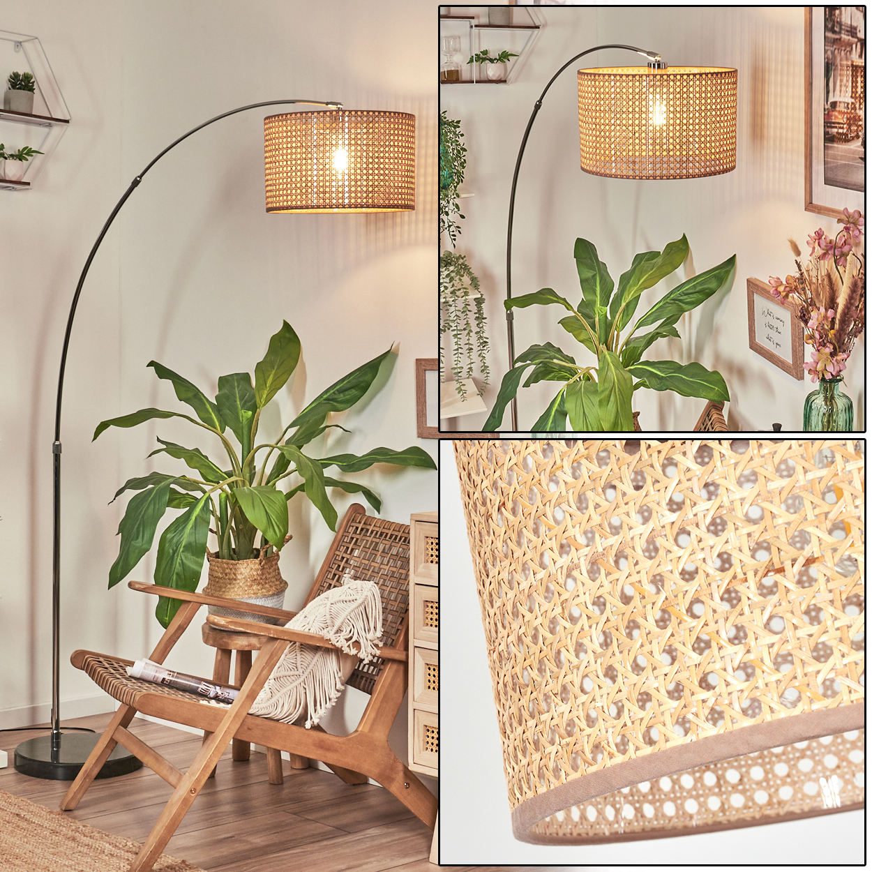 Eine Stehlampe mit gewebtem Lampenschirm, Pflanzen, einem Holzstuhl und einer dekorativen Wand. Die Szene ist gemütlich.