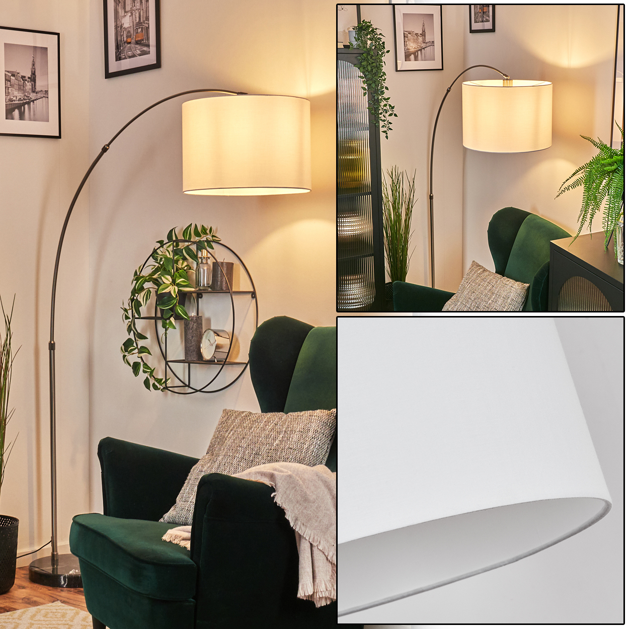 Eine Stehlampe mit cremefarbenem Lampenschirm wölbt sich über einem grünen Sessel. Ein Regal mit Deko und ein Bilderrahmen an der Wand.