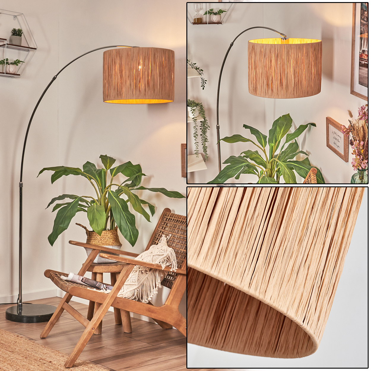 Eine Stehlampe mit gewebtem Lampenschirm steht in der Nähe eines Holzstuhls, einer Pflanze und eines Teppichs. Der Hintergrund ist eine weiße Wand.