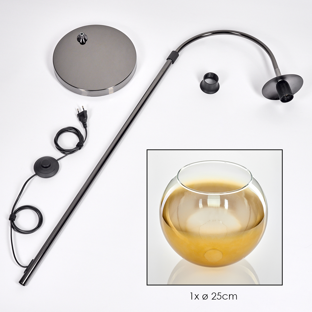 Zerlegte schwarze Lampe mit rundem Sockel, gebogenem Arm und einem Fischglas. Die Schale hat eine goldene Flüssigkeit und liest 1x Ø 25cm.