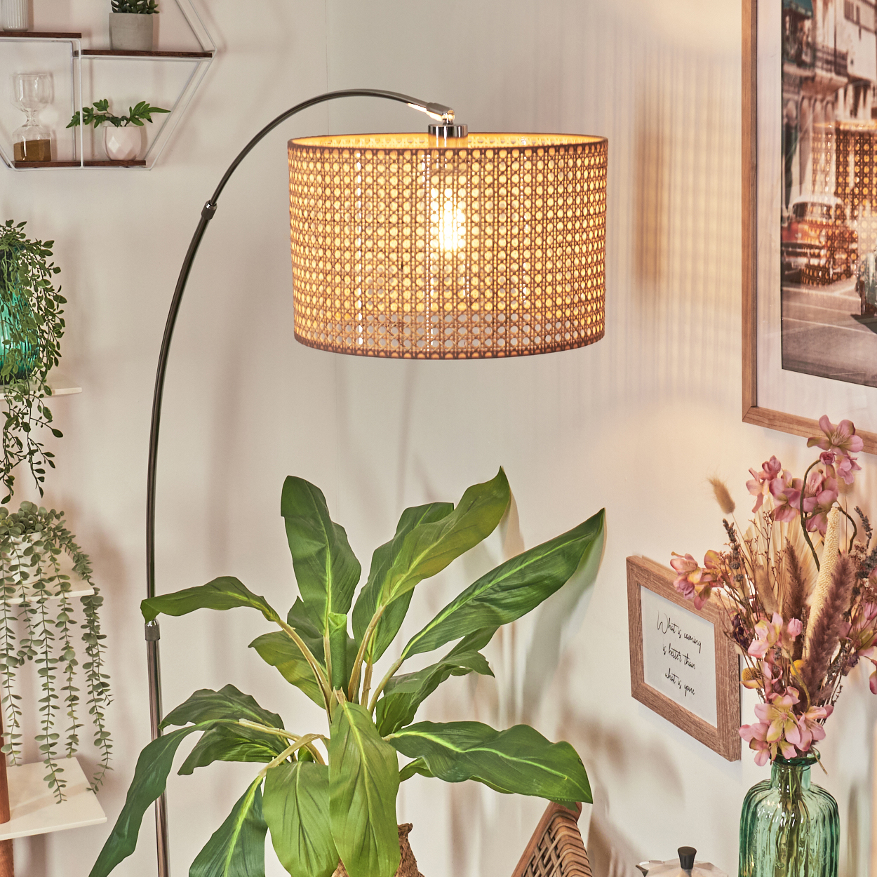 Ein Raum mit Lampe, Pflanzen und gerahmter Kunst. Die Lampe hat einen gewebten Schirm. Pflanzen sind unten. Ein Bild ist rechts.