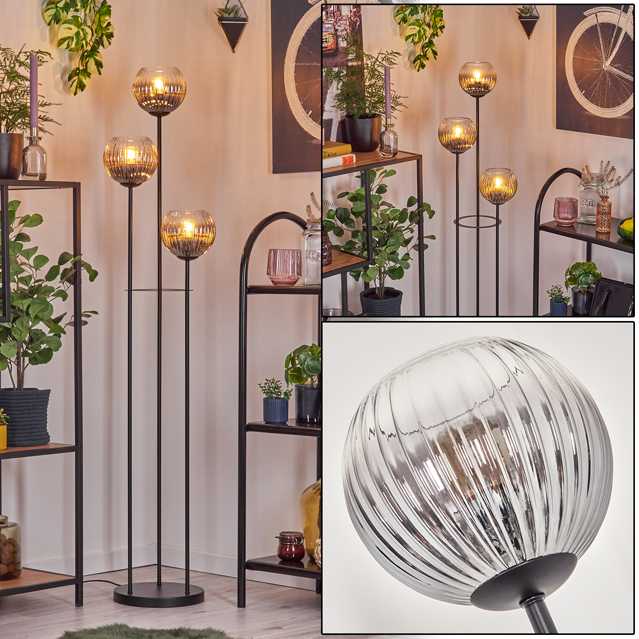 Stehlampe mit drei Glaskugeln, umgeben von Regalen mit Pflanzen und Dekorationen. Im Hintergrund Kunst und helle Wände.