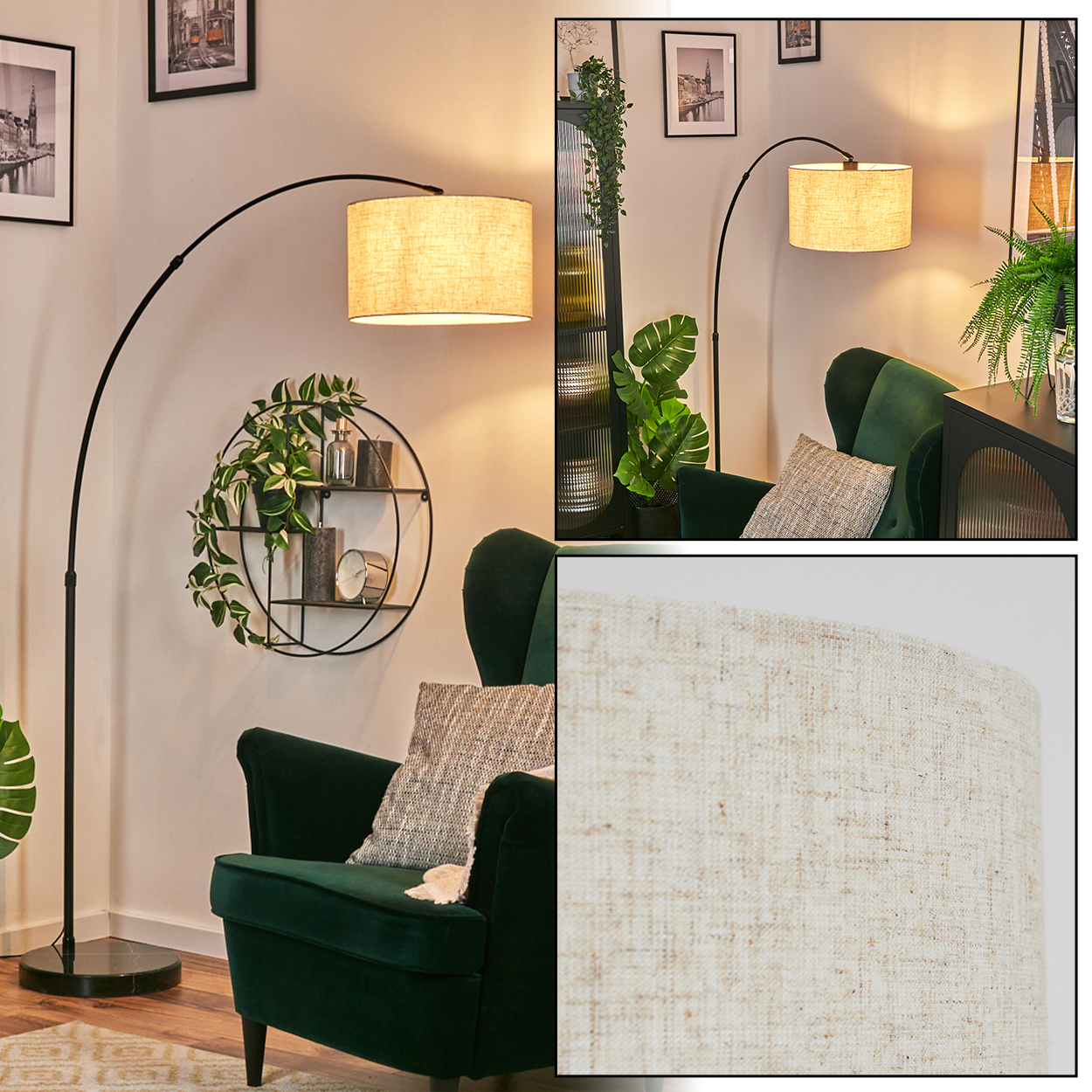 Ein modernes Wohnzimmer mit grünem Sessel, Stehlampe und Wanddekoration. Der Lampenschirm ist beige, mit einem runden Metallregal.