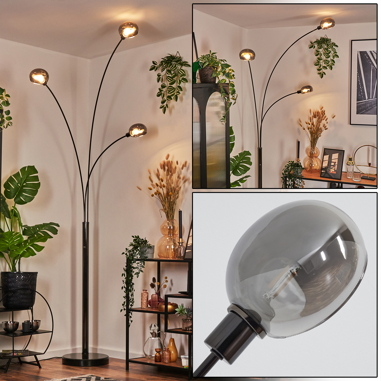 Eine moderne schwarze Stehlampe mit drei leuchtenden Kugeln. Pflanzen und Dekorationsartikel umgeben sie in einer hellen Ecke.