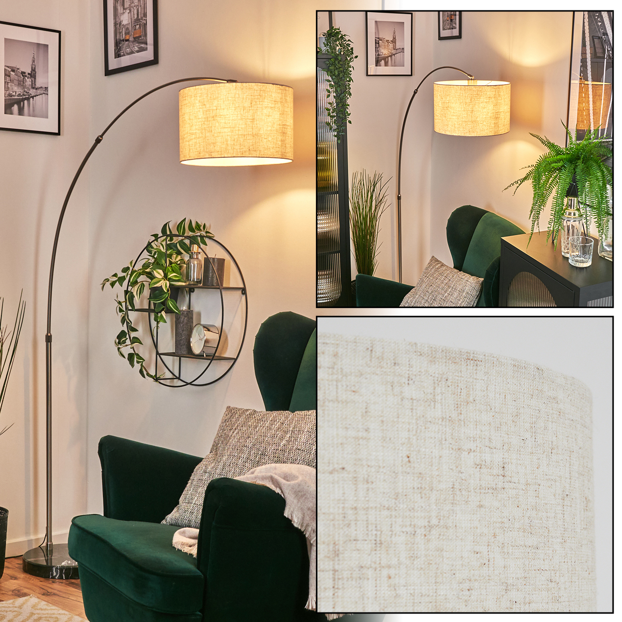 Ein modernes Wohnzimmer mit grünem Sessel, Stehlampe und Wandkunst. Ein rundes Regal mit Pflanzen ist ebenfalls sichtbar.