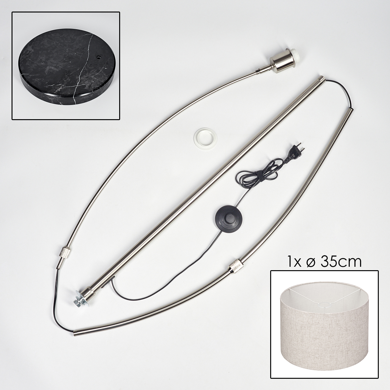 Zerlegte Stehlampe mit Marmorsockel, Metallrahmen und beigem Lampenschirm. Komponenten umfassen Drähte, Schalter und Netzstecker.