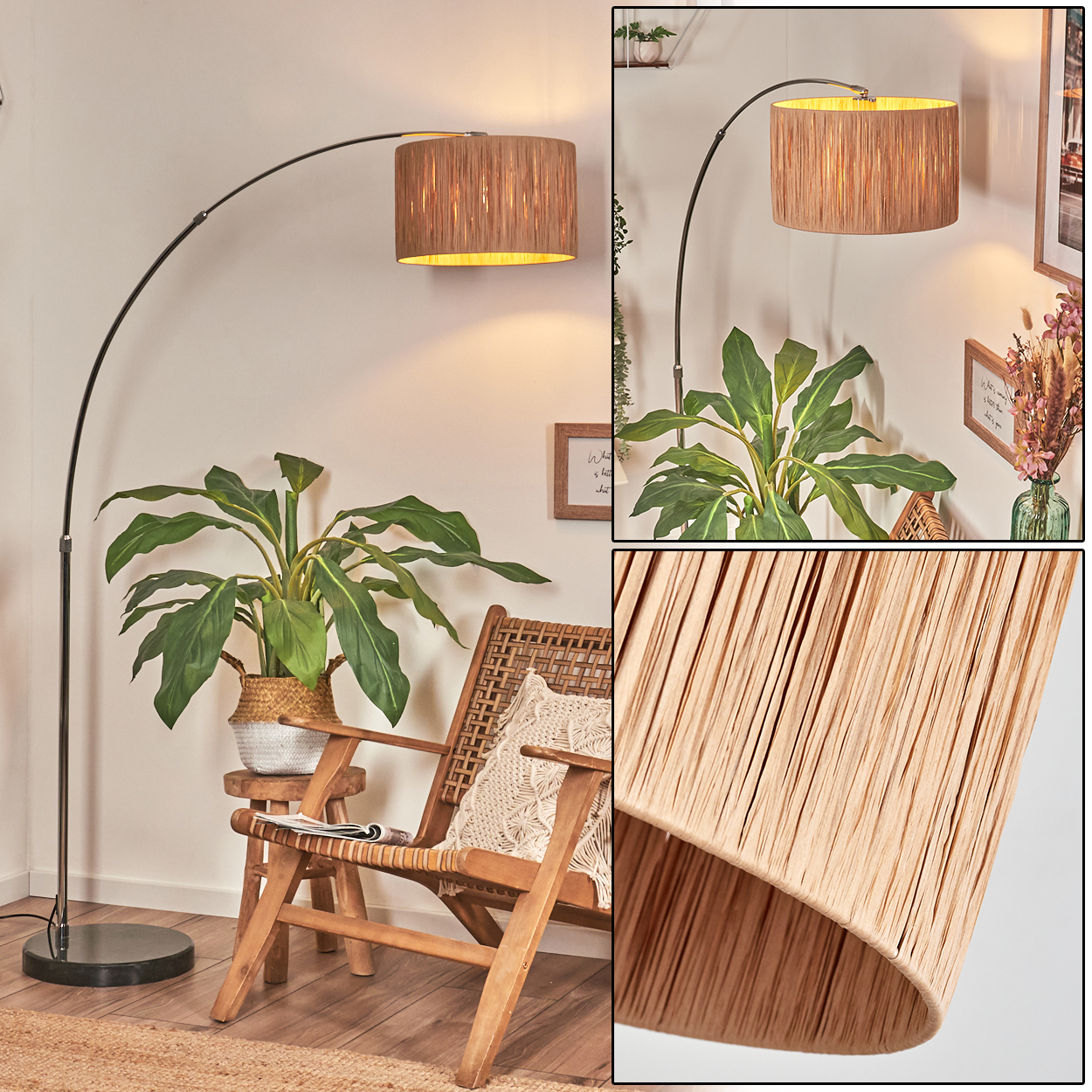Eine Stehlampe mit gewebtem Lampenschirm, Pflanzen, einem Holzstuhl und einem Teppich. Der Hintergrund ist eine weiße Wand mit Bildern.