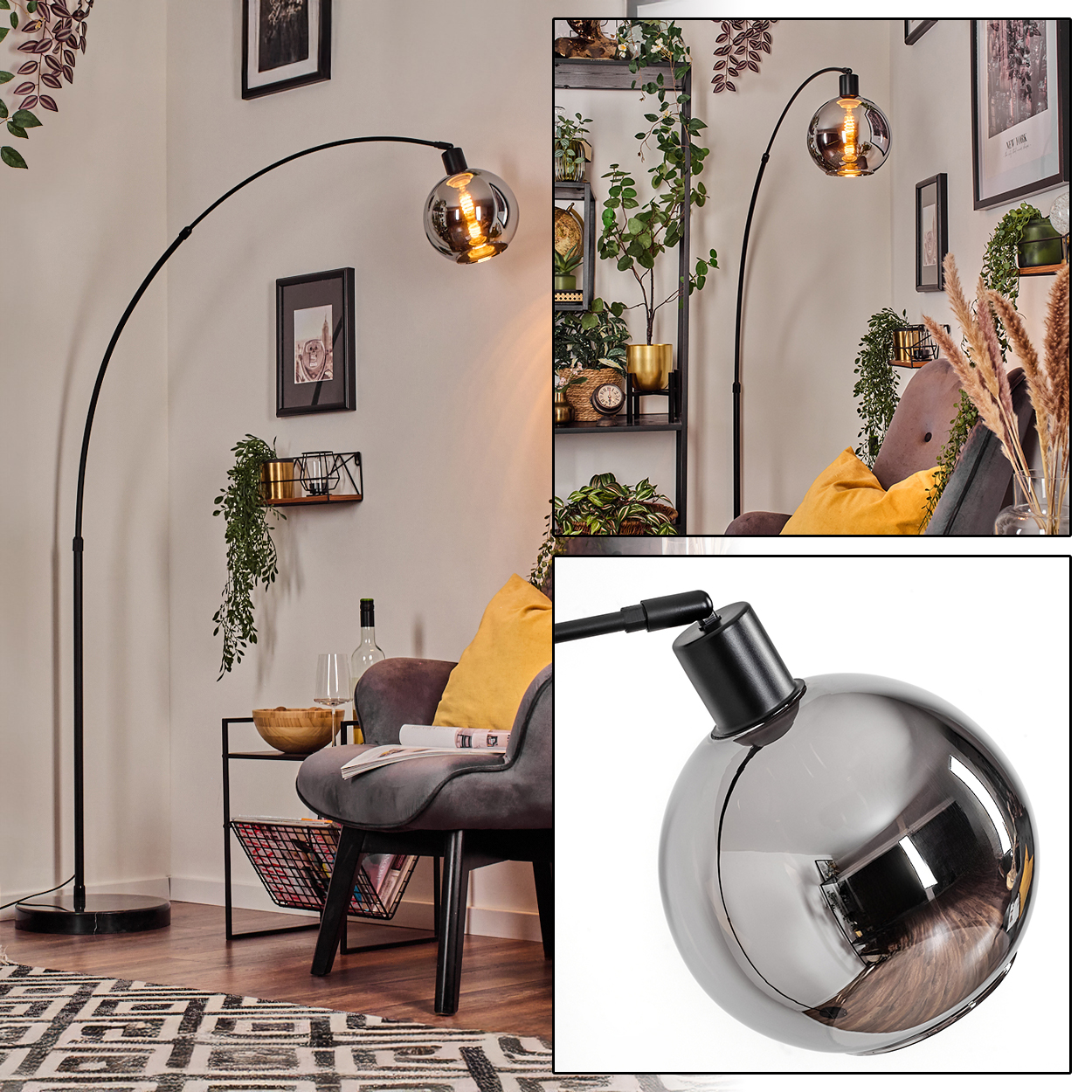 Modernes Wohnzimmer mit schwarzer Bogen-Stehlampe, grauem Stuhl und dekorativen Elementen wie Pflanzen und gerahmter Kunst.