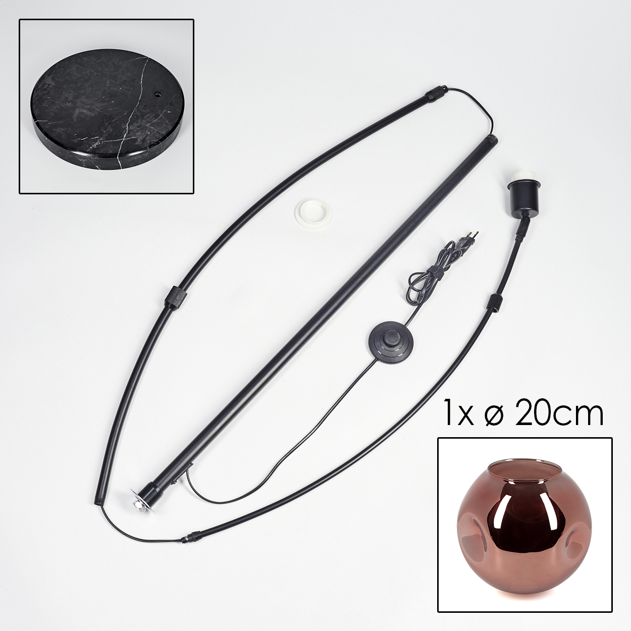 Zerlegte Stehlampe mit Marmorsockel, schwarzem Rahmen und bronzefarbenem Glasschirm. Inklusive Netzkabel und Fußschalter.