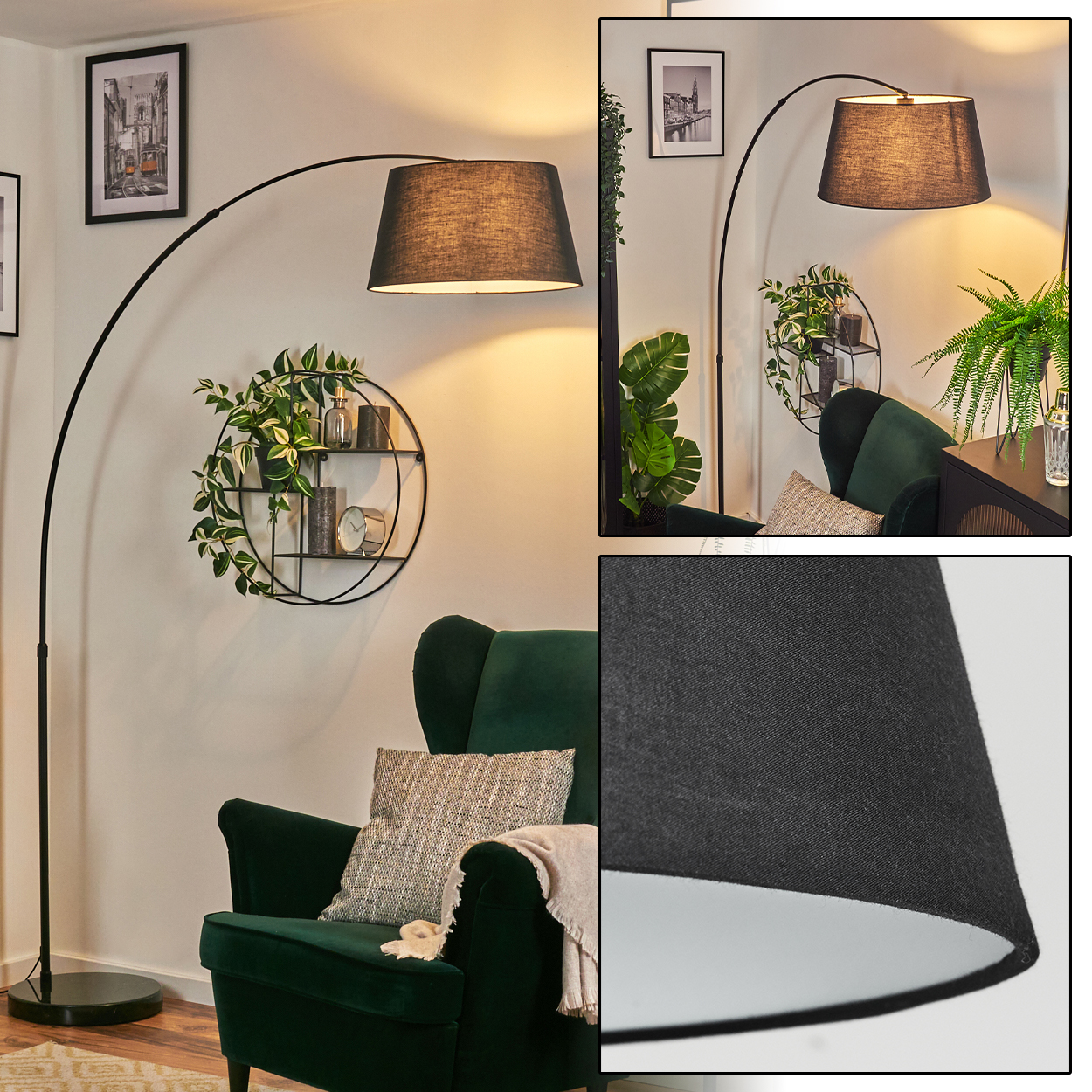 Dunkle Stehlampe mit schwarzem Lampenschirm, neben einem grünen Sessel mit Kissen. Pflanzen und gerahmte Bilder im Hintergrund.