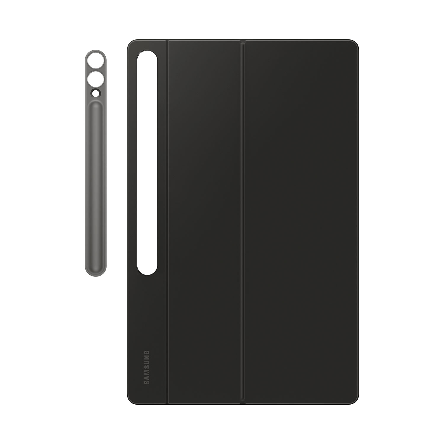 Custodia per tablet nera con stilo a sinistra. La custodia ha un'apertura e il marchio 'SAMSUNG' è visibile.