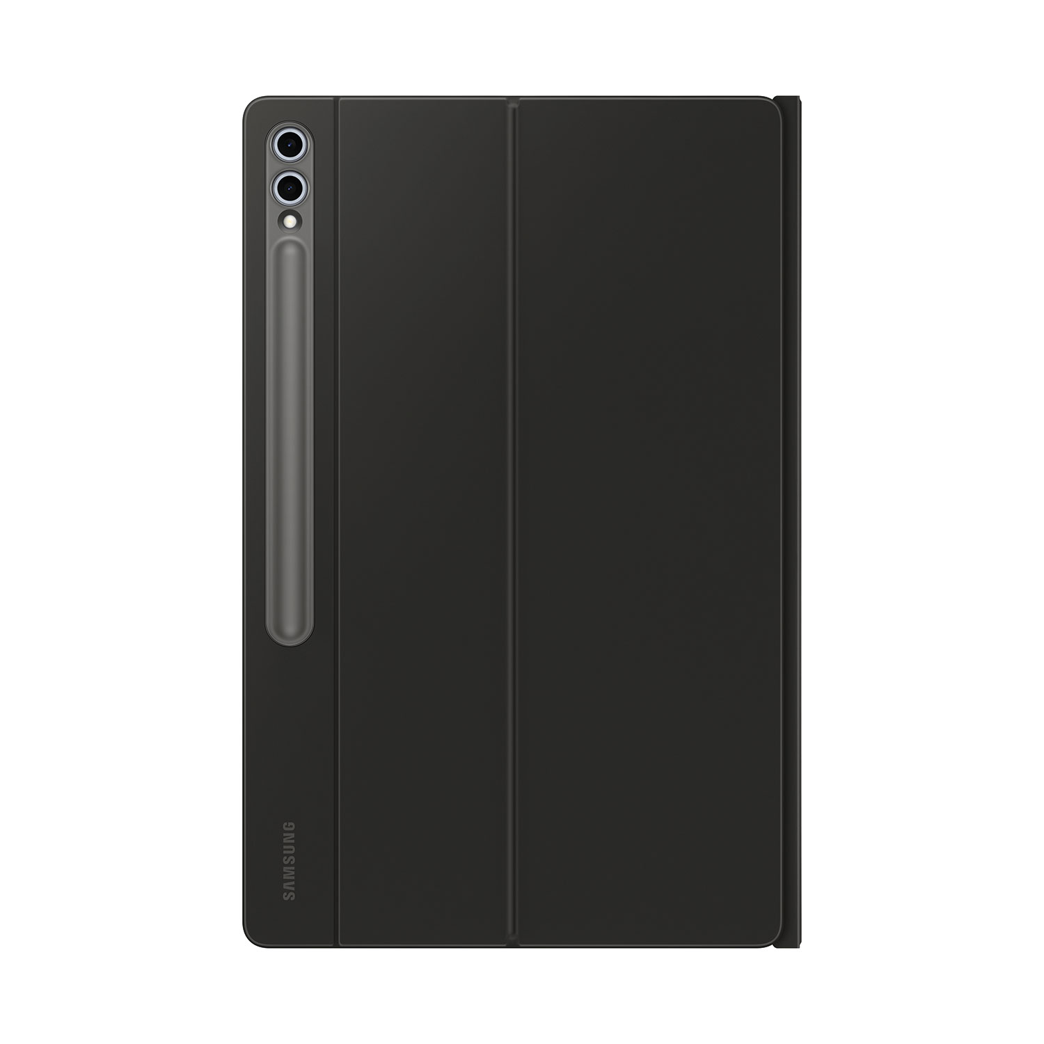 Custodia nera per tablet con tre fotocamere, portapenne e logo Samsung.