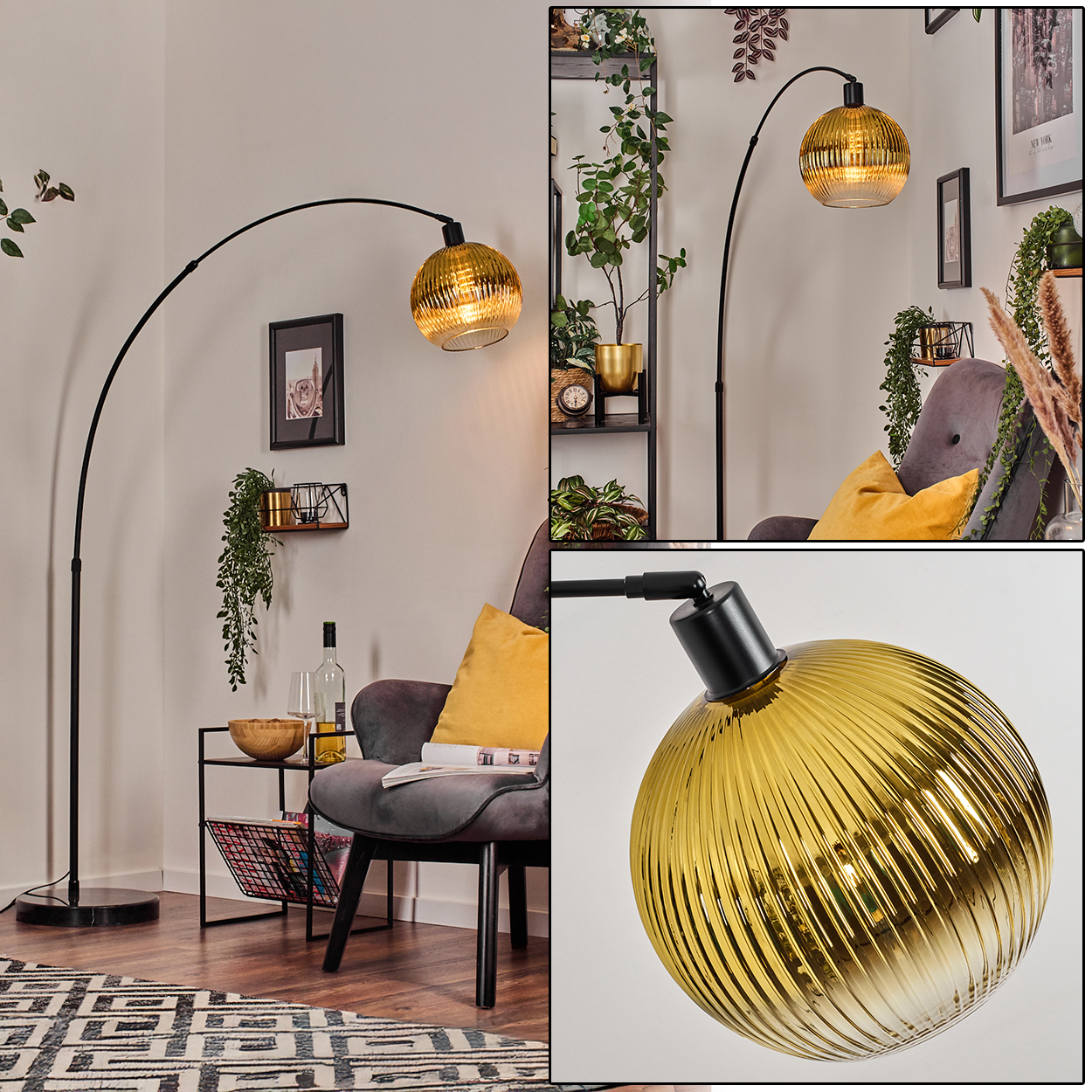 Ein modernes Wohnzimmer mit einer schwarzen Bogenlampe, einem grauen Sessel und dekorativen Pflanzen. Die Lampe hat einen goldenen Glasschirm.
