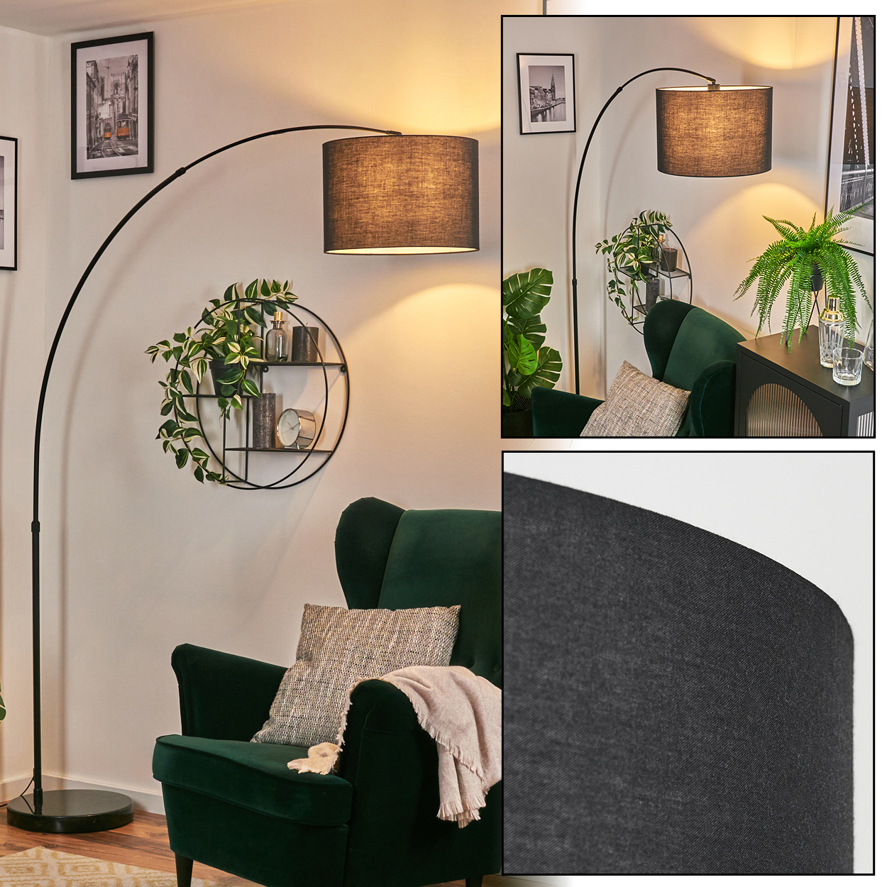 Eine dunkelgraue Lampe beleuchtet ein Wohnzimmer mit grünem Sessel, dekorativem Regal und gerahmter Kunst.