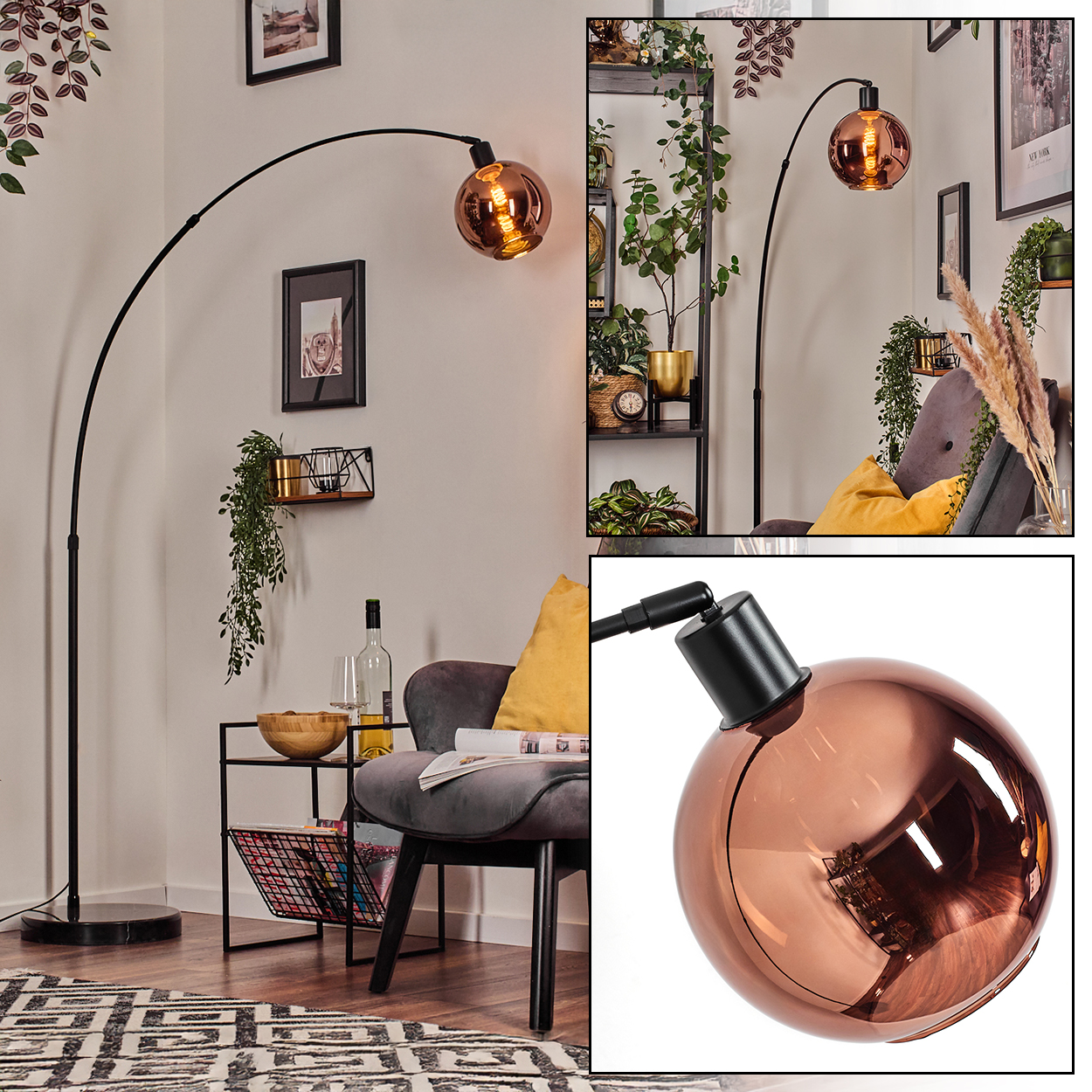 Modernes Wohnzimmer mit schwarzer Bogenlampe, grauem Stuhl und Beistelltisch mit Deko.