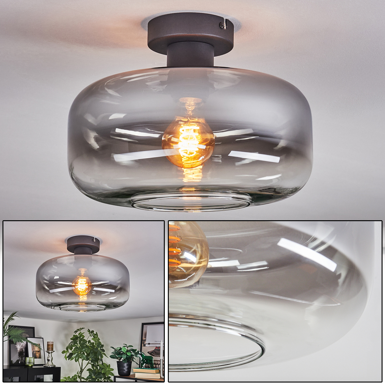 Eine moderne Deckenlampe mit Rauchglasschirm und warmer Glühbirne. Der Hintergrund ist eine weiße Decke.