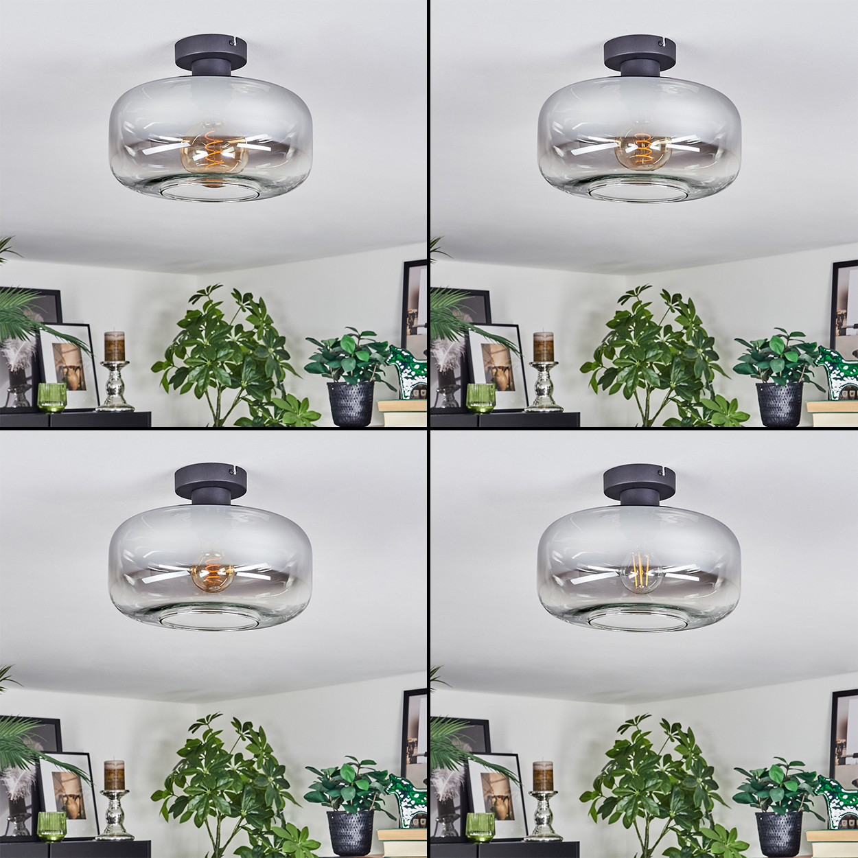 Eine moderne Deckenlampe mit Glasschirm und sichtbarer Glühbirne. Darunter ein Regal mit Pflanzen, Kerzen und gerahmten Bildern.