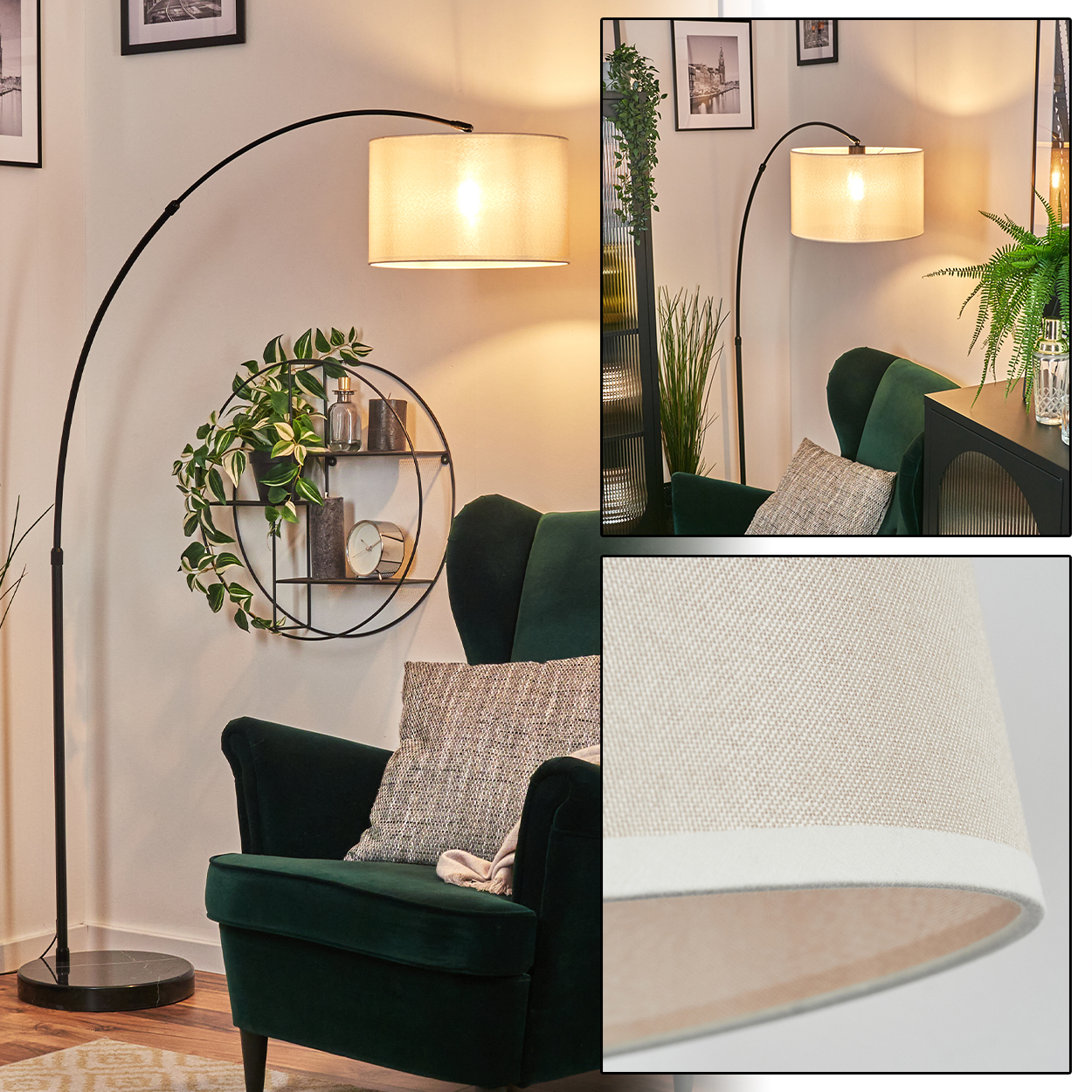 Ein dunkelgrüner Sessel mit Kissen, eine Stehlampe, ein kreisförmiges Regal mit Pflanzen und ein beigefarbener Lampenschirm.